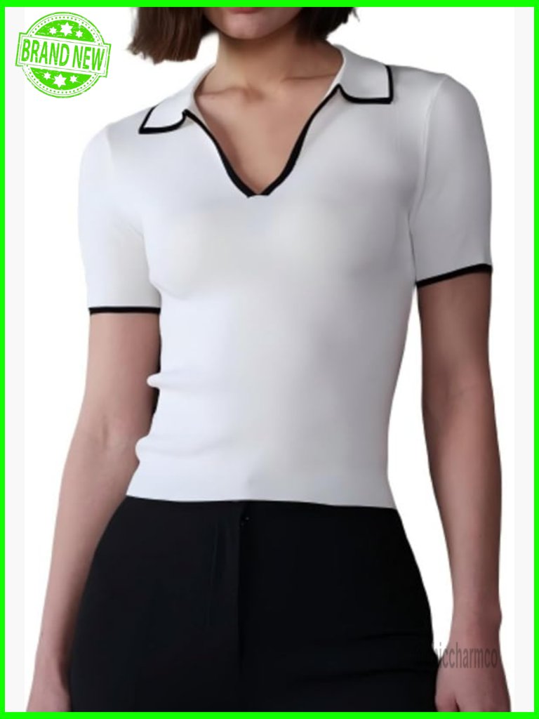 Slim Fit V-Neck Ribbed Knit Tee Short Sleeve Lapel Collar Summer Top